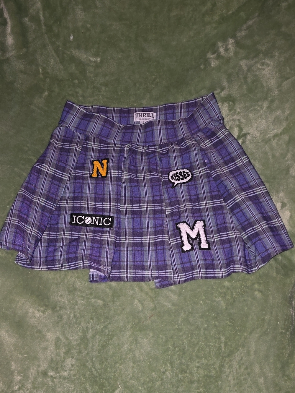 Thrill Purple Plaid Pleated Mini Skirt with Varsity Patches